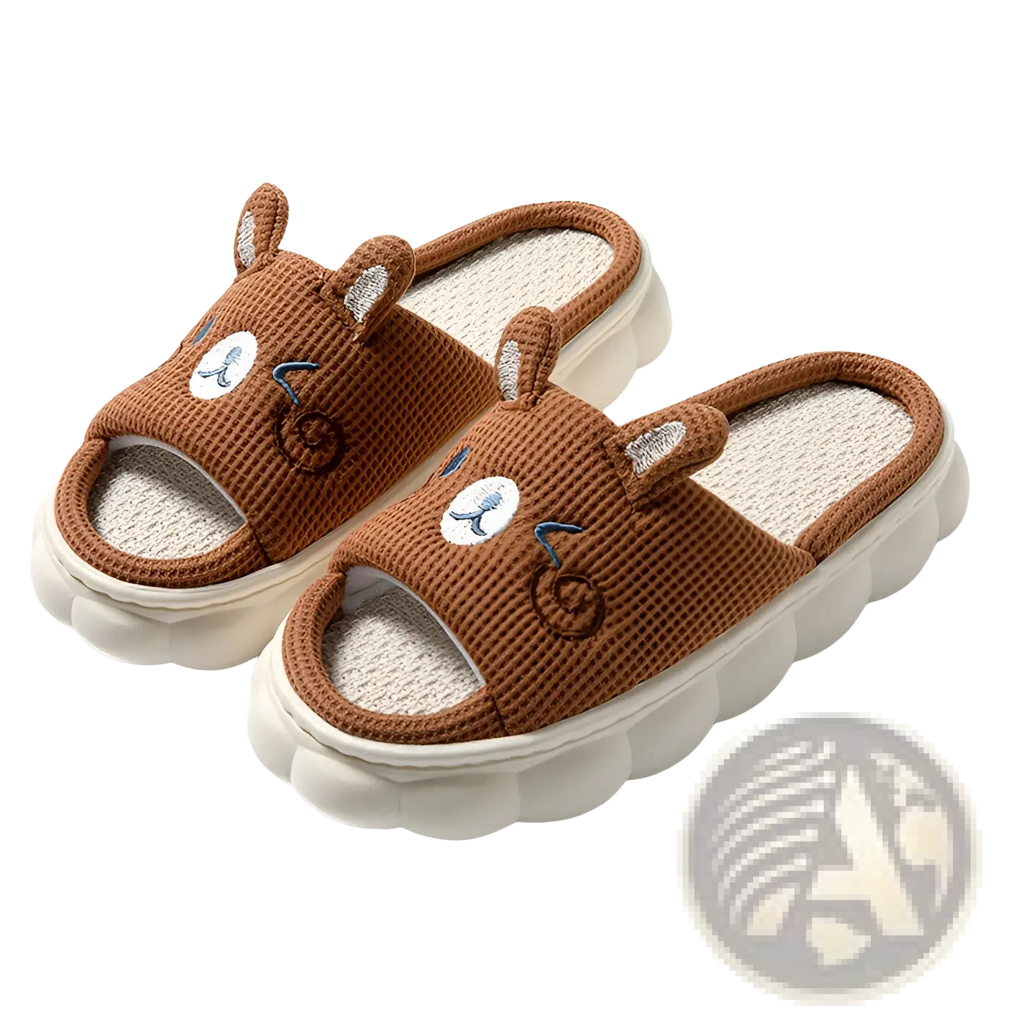Brown corduroy cartoon animal embroidered open toe linen slide sandals with bear face and scalloped white sole