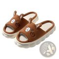 Brown corduroy cartoon animal embroidered open toe linen slide sandals with bear face and scalloped white sole