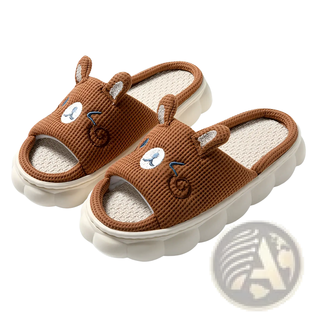 Brown corduroy bear-themed open toe linen slippers with embroidered facial features and scalloped white sole
