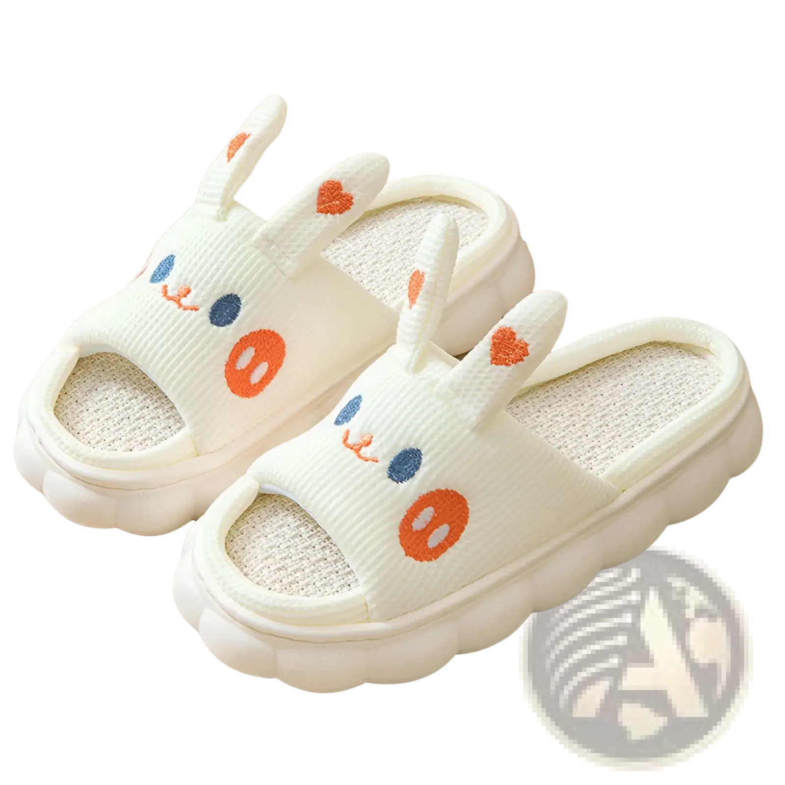 Cream-colored bunny-themed open toe linen slippers with embroidered orange and blue face and cushioned scalloped sole