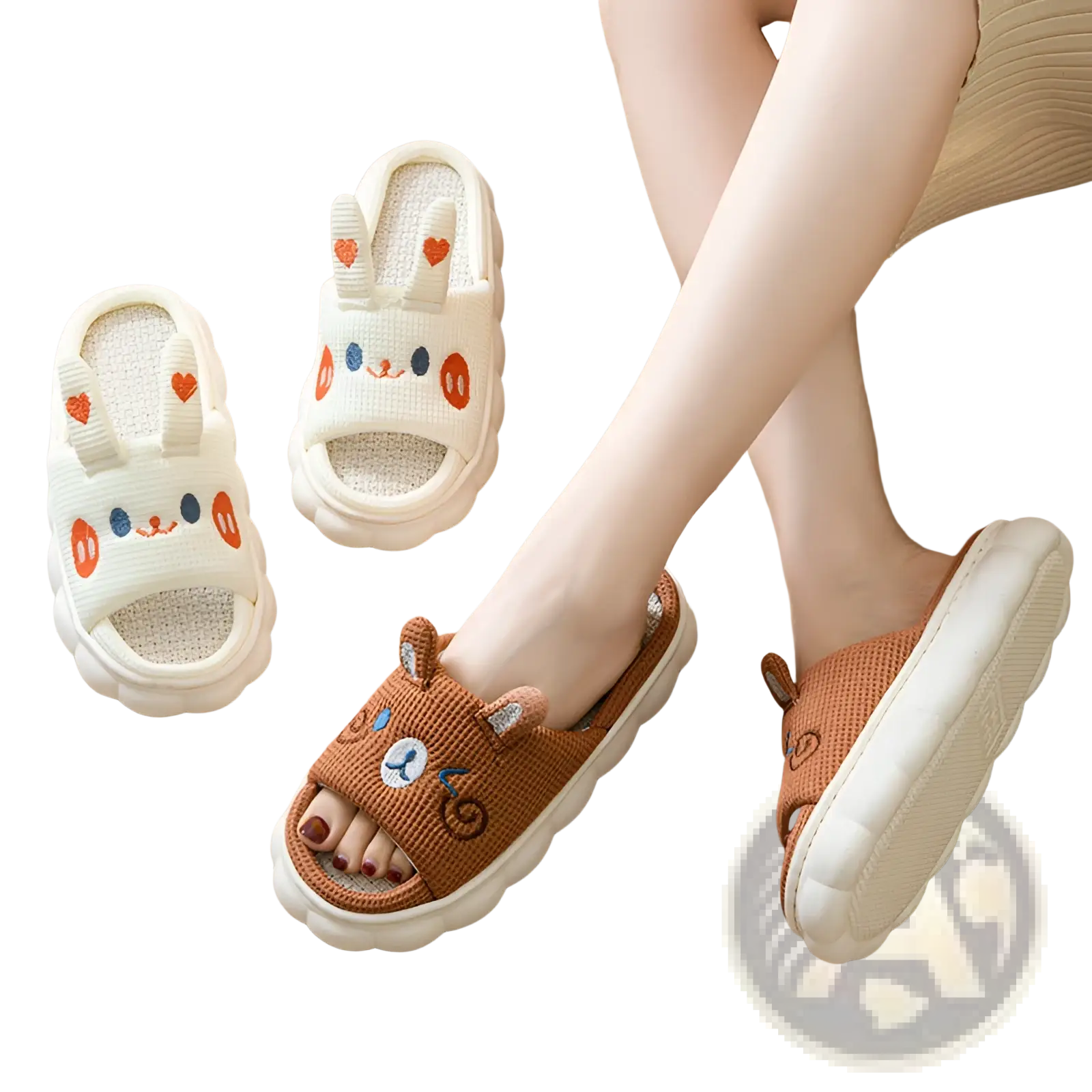 Cream-colored and brown linen slip-on slippers with embroidered bunny and bear faces and heart details for indoor wear