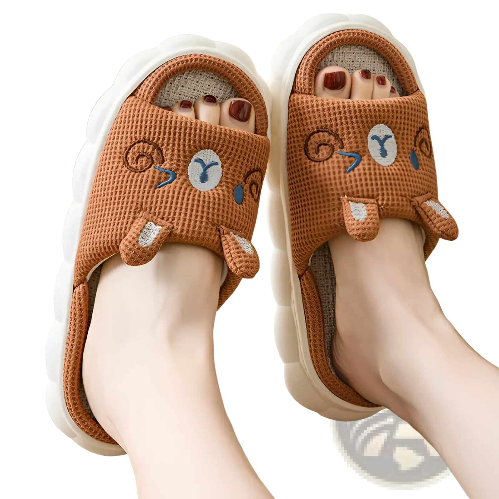 Cute brown woven linen cartoon animal embroidered open toe slide sandals with white scalloped soles and facial features