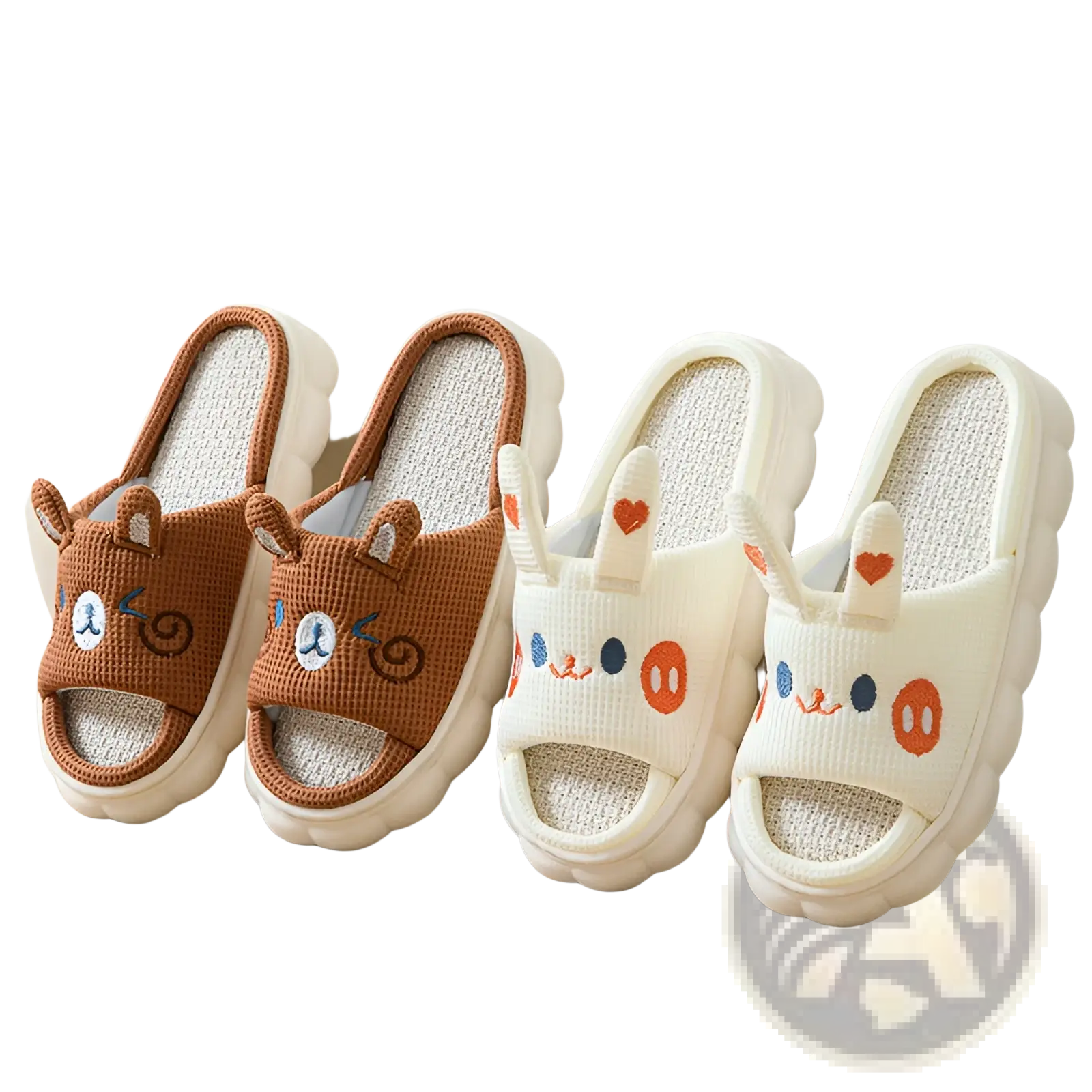Cute cartoon animal embroidered open toe linen slippers with brown and white soft knit upper and cushioned soles