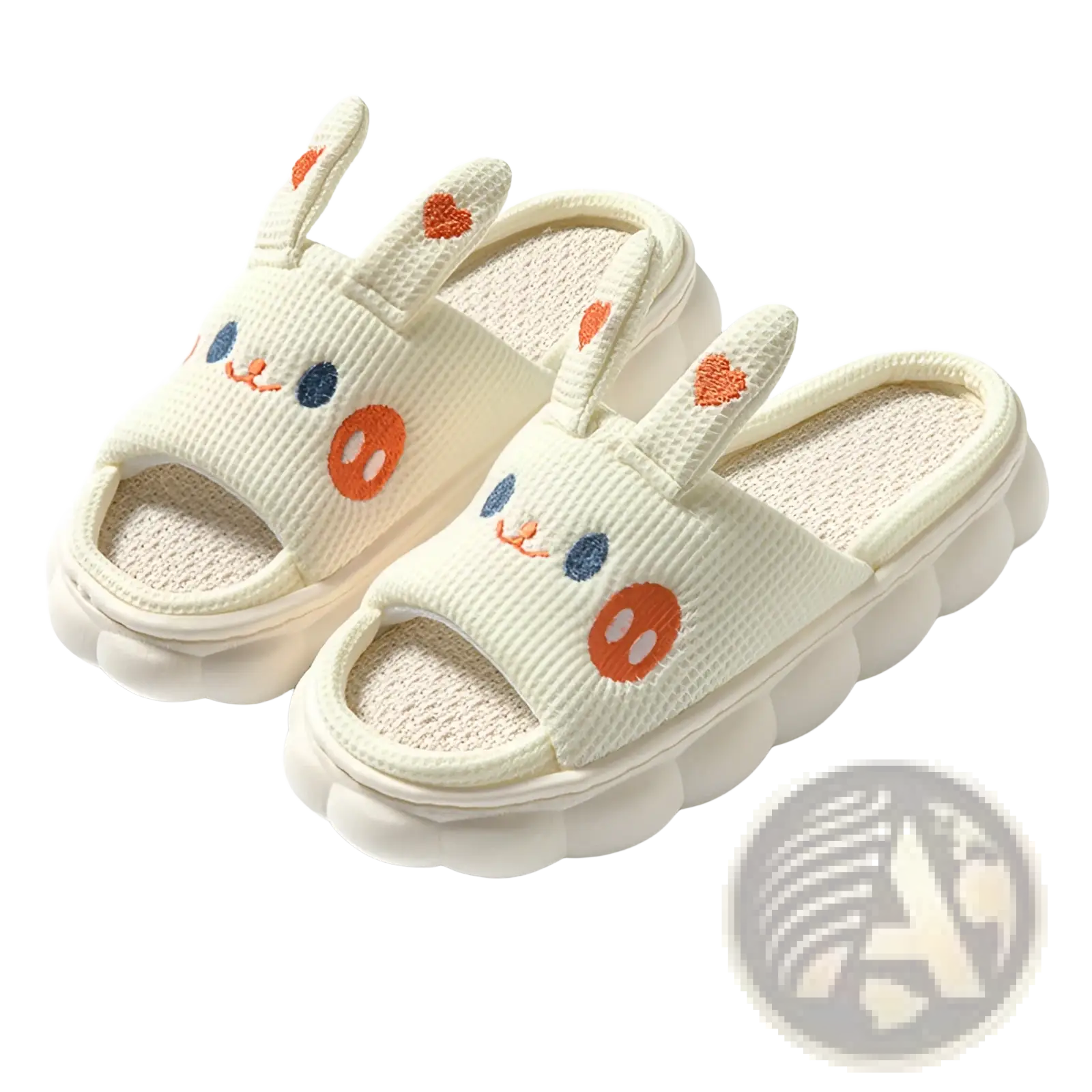 Cream-colored bunny-themed slide sandals with embroidered orange and blue facial features and linen textured upper