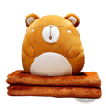 Cute orange plush bear-shaped heating pad with white accents resting on matching fuzzy blankets in a 2 in 1 plush cushion