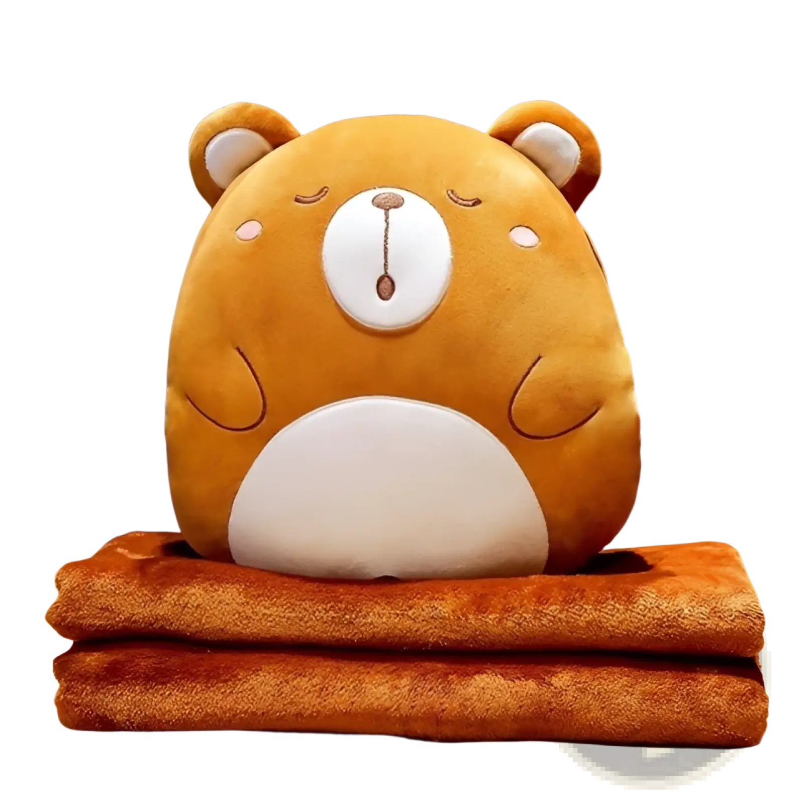 Cute orange plush bear-shaped heating pad with white accents resting on matching fuzzy blankets in a 2 in 1 plush cushion