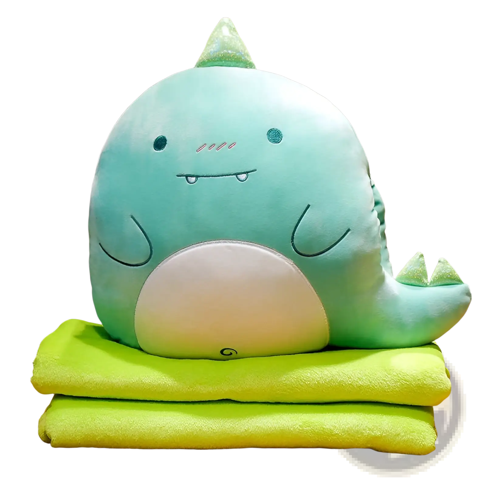 A soft light teal plush dinosaur pillow blanket 2 in 1 cushion with a white belly and green spikes