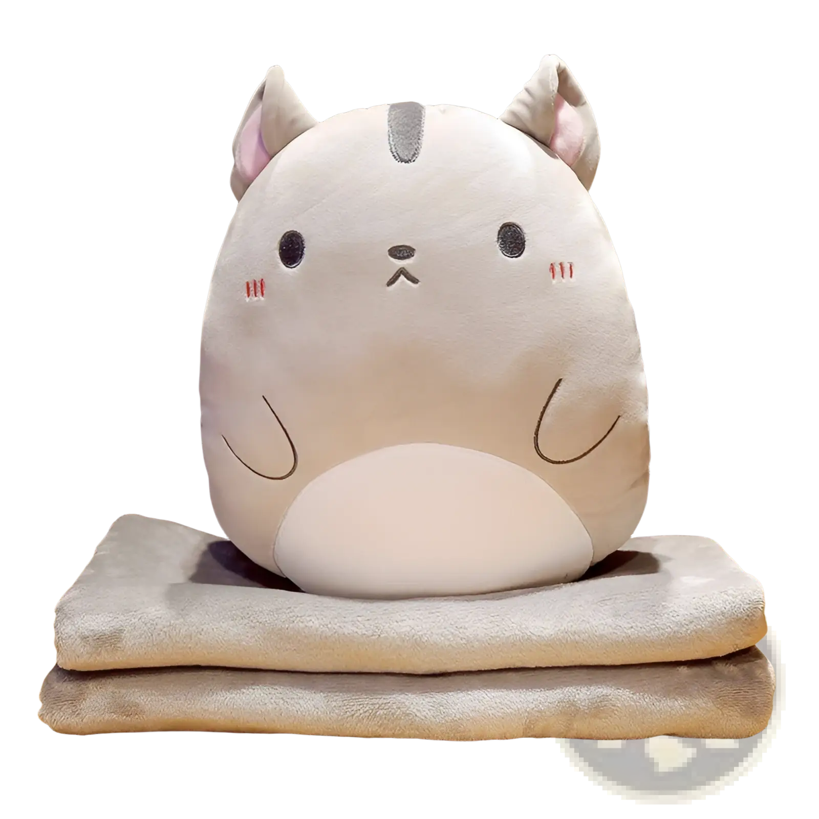 Soft plush white cat-shaped pillow with gray accents and embroidered face features cartoon animal pillow blanket 2 in 1 plush cushion