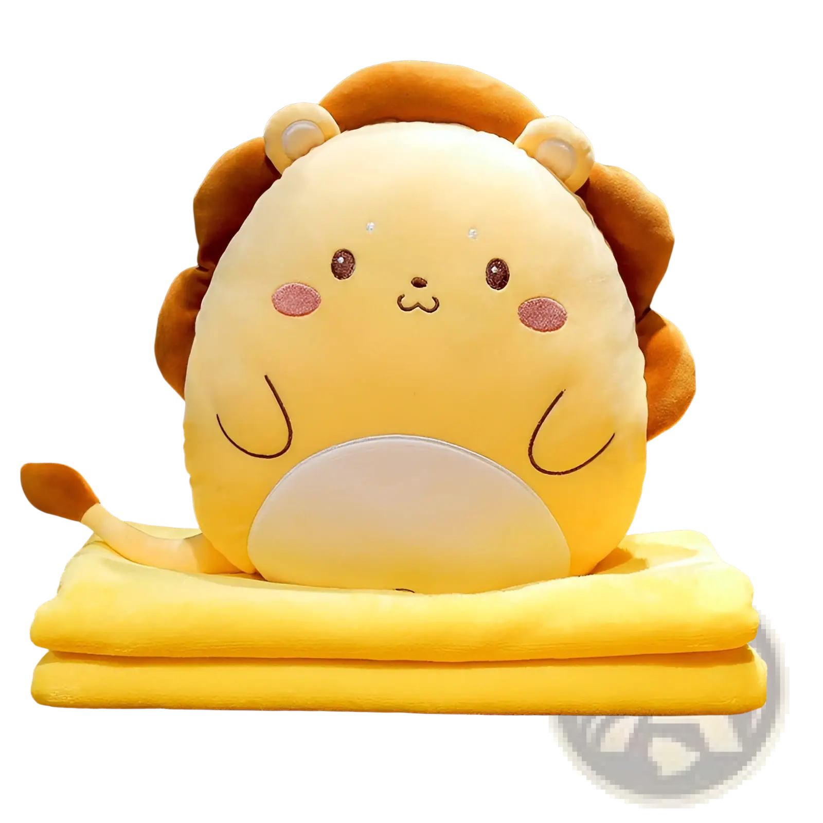 Cute yellow plush lion with brown mane sitting on a matching yellow blanket cartoon animal pillow blanket 2 in 1 plush cushion