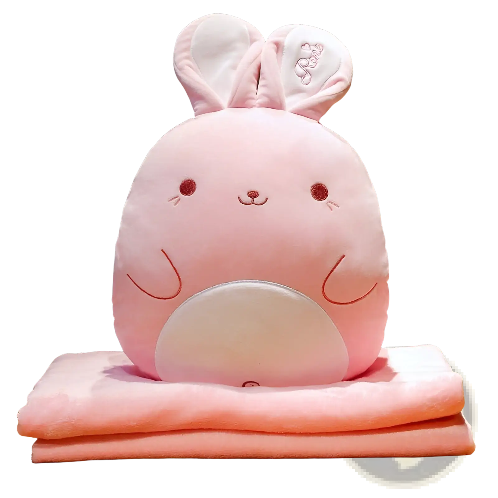 Cartoon animal pillow blanket 2 in 1 plush cushion soft pink plush bunny with embroidered red eyes smiling face and white inner ears