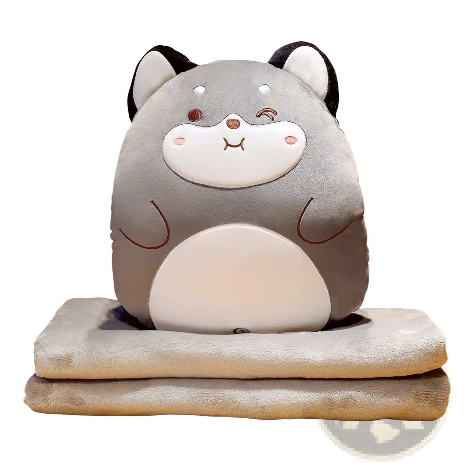 Gray plush raccoon-shaped cartoon animal pillow blanket 2 in 1 plush cushion with white facial features and matching soft blanket