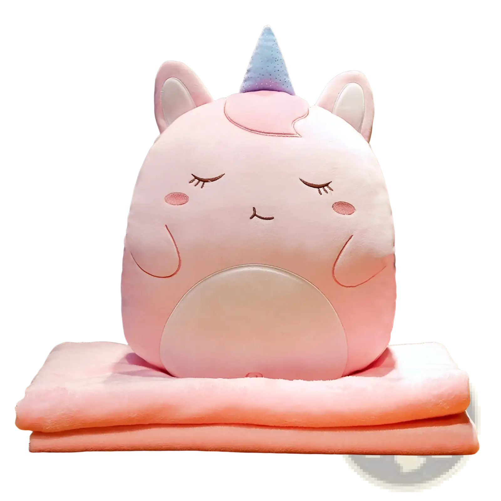 Pink plush cartoon animal pillow blanket 2 in 1 with blue and purple glitter horn and embroidered facial features