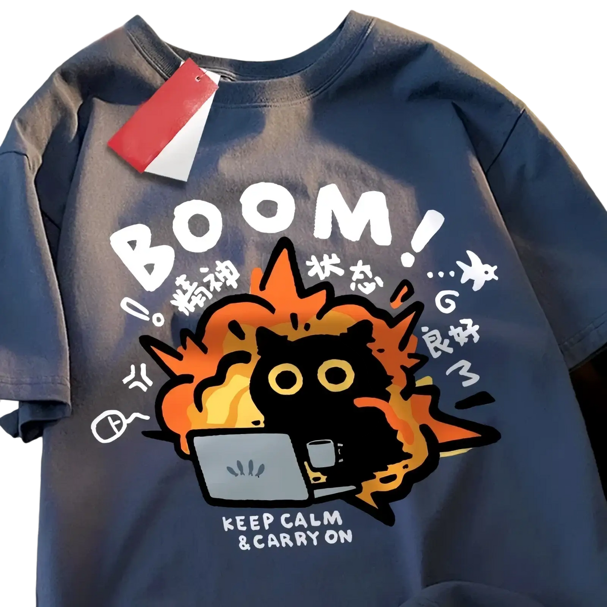 Blue cotton oversized t-shirt featuring cartoon black cat with laptop mug and boom text in orange explosion graphic