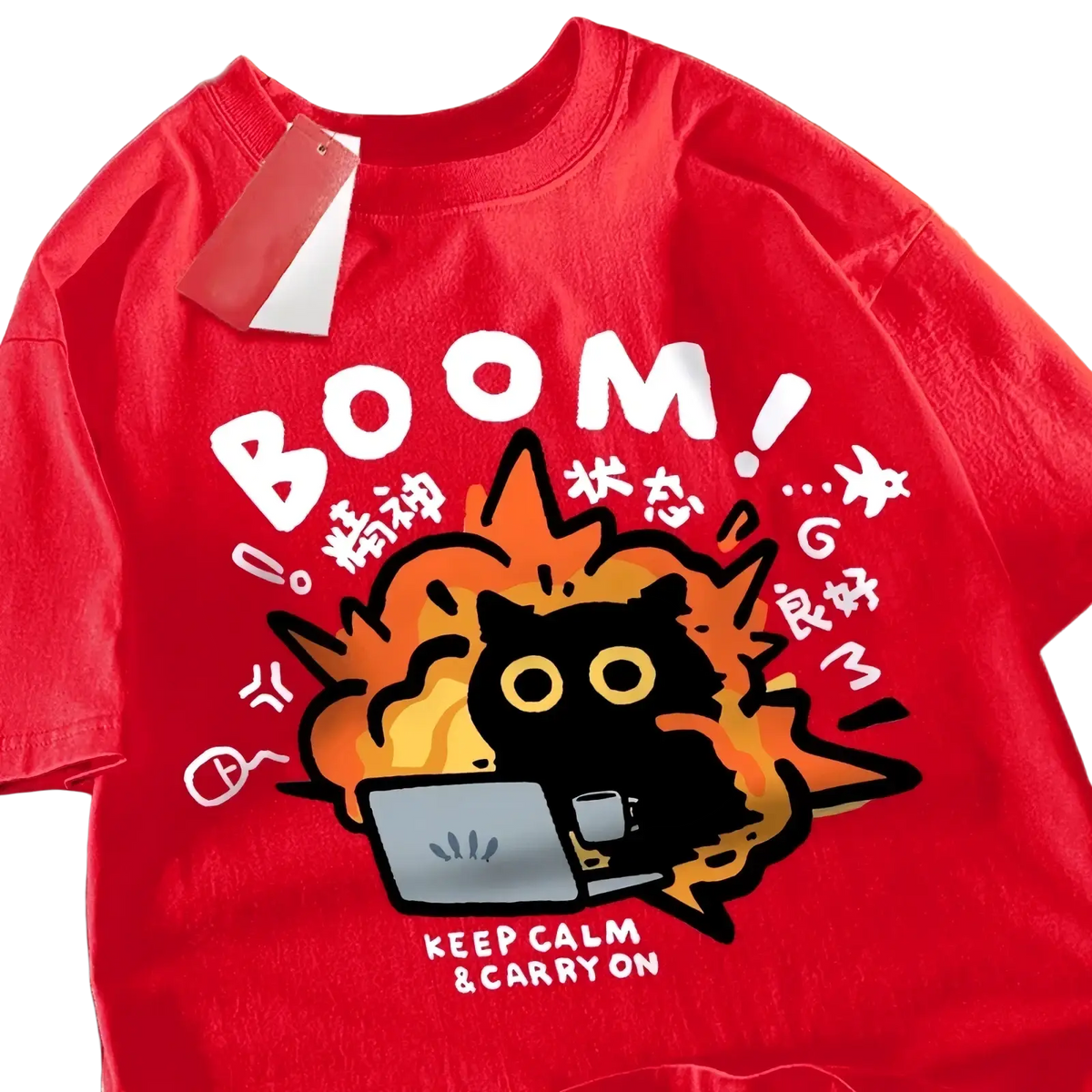 Red cotton oversized t-shirt featuring a cartoon black cat with orange flames using a laptop and holding a mug