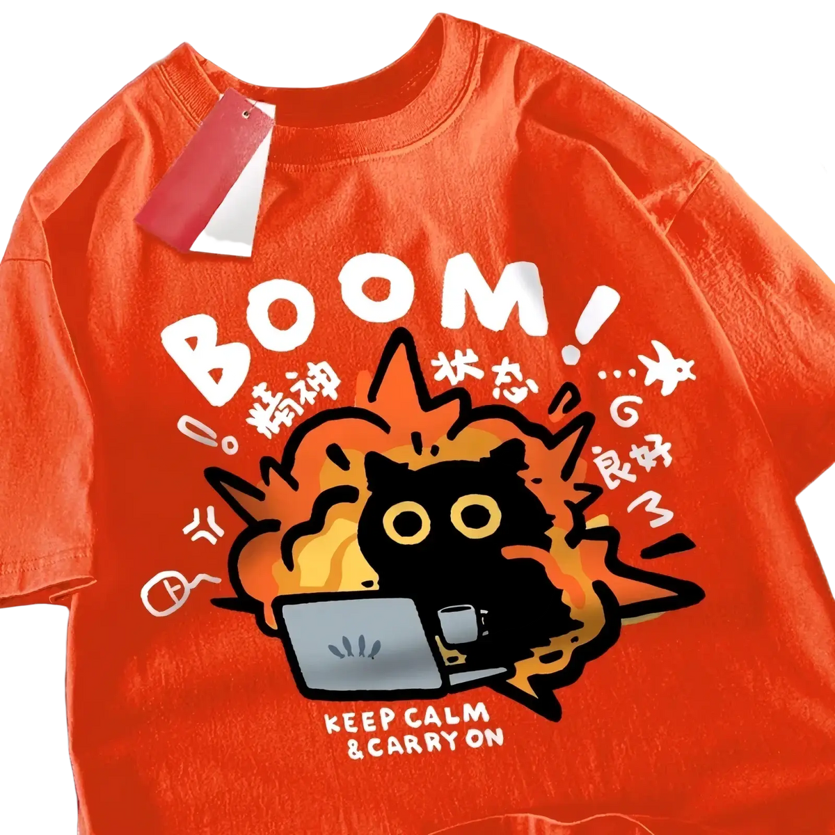 Vibrant orange oversized cotton t-shirt featuring a bold black cartoon cat graphic with fiery bursts and boom text