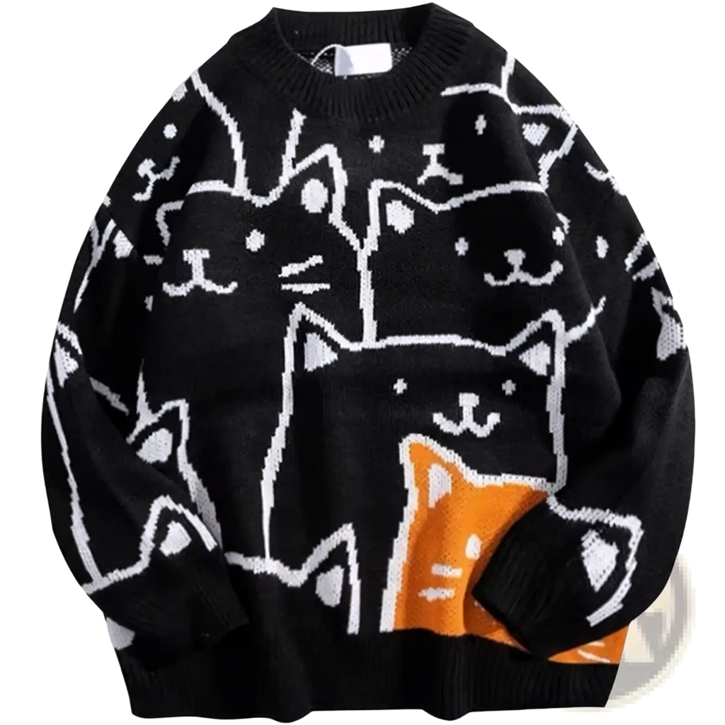 Black knit oversized sweater featuring a playful white and orange cartoon cat pattern in Harajuku style