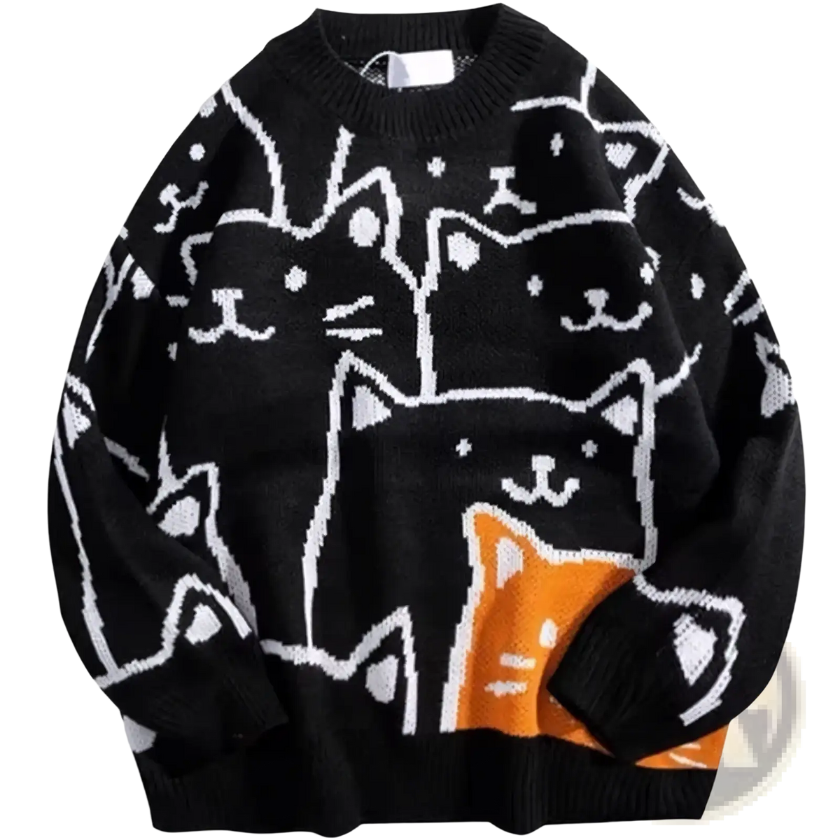 Black knit oversized sweater featuring a playful white and orange cartoon cat pattern in Harajuku style
