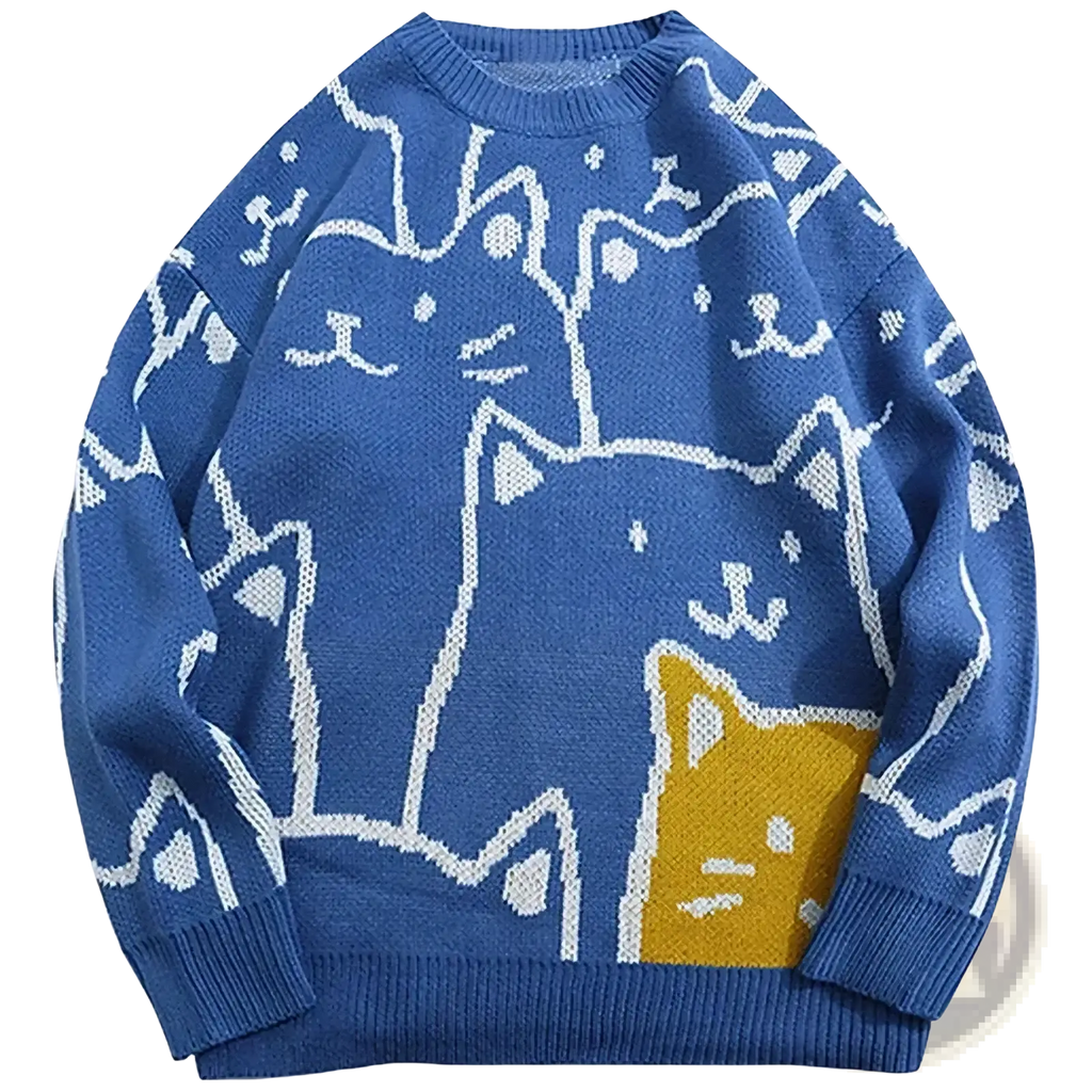 Blue knitted oversized sweater with white and yellow cartoon cat pattern in Harajuku style