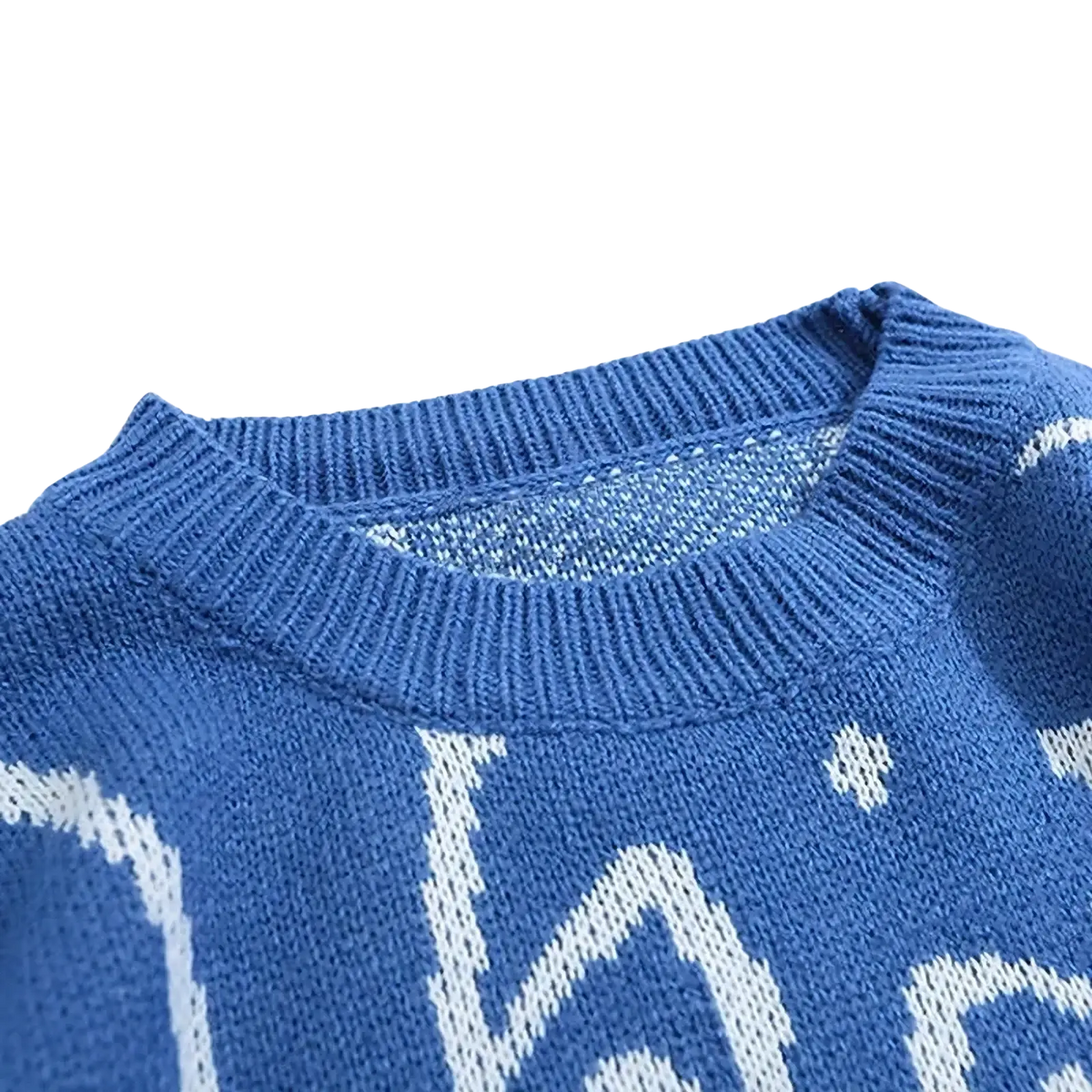 Blue knitted oversized sweater with white geometric patterns from the Cartoon Cat Harajuku collection