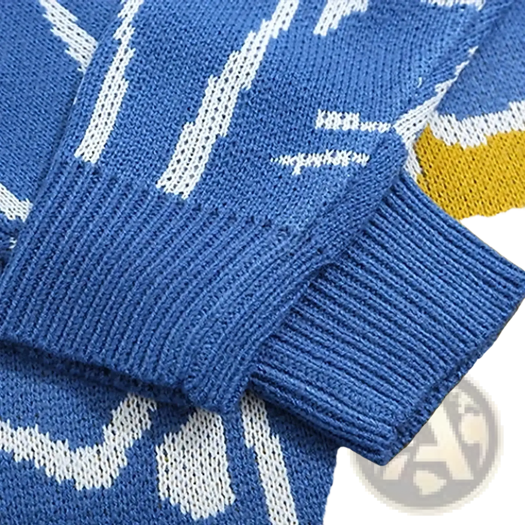 Blue knitted cartoon cat harajuku oversized sweater with white and yellow geometric patterns