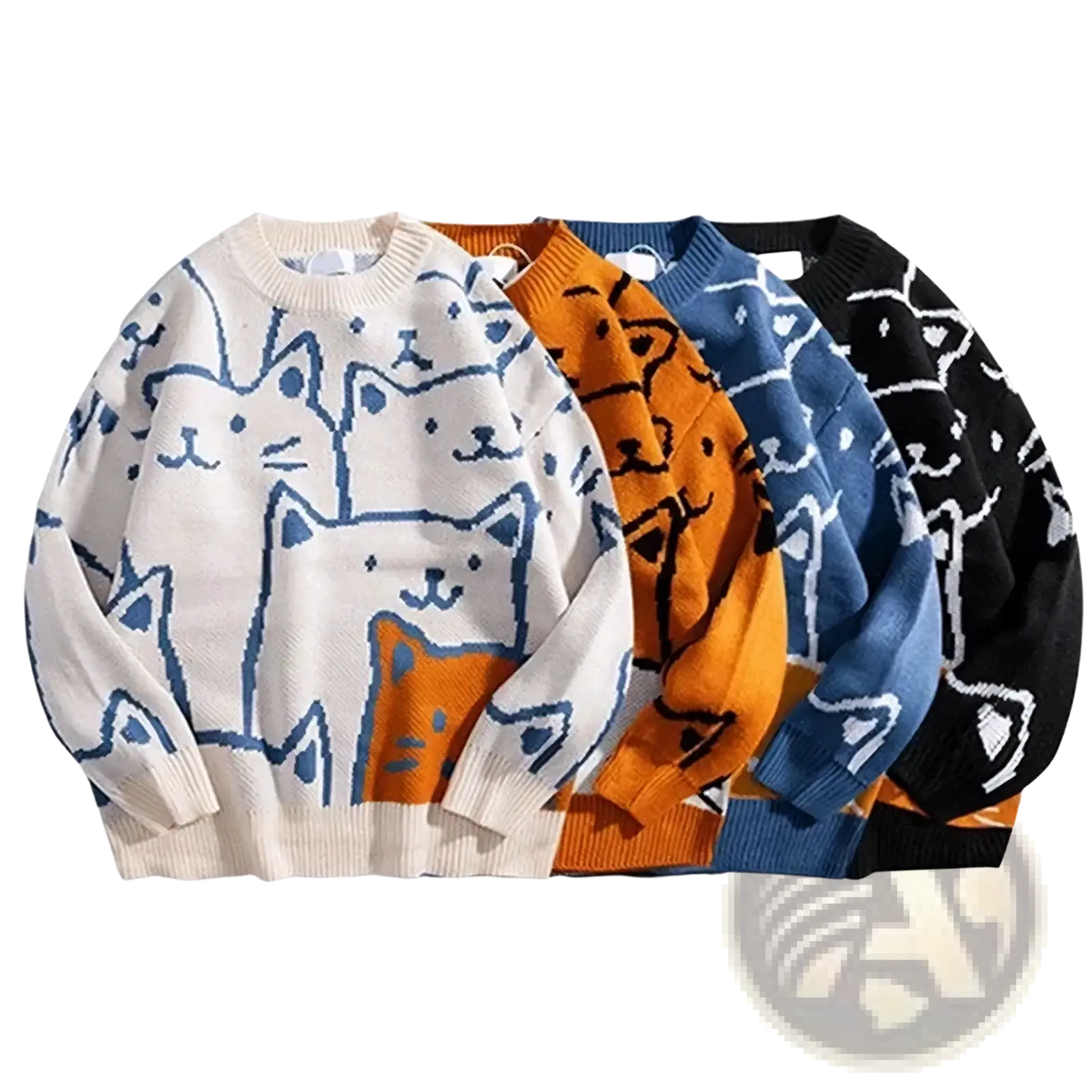 A cozy knitted cartoon cat Harajuku oversized sweater featuring playful multicolored outlined cat patterns