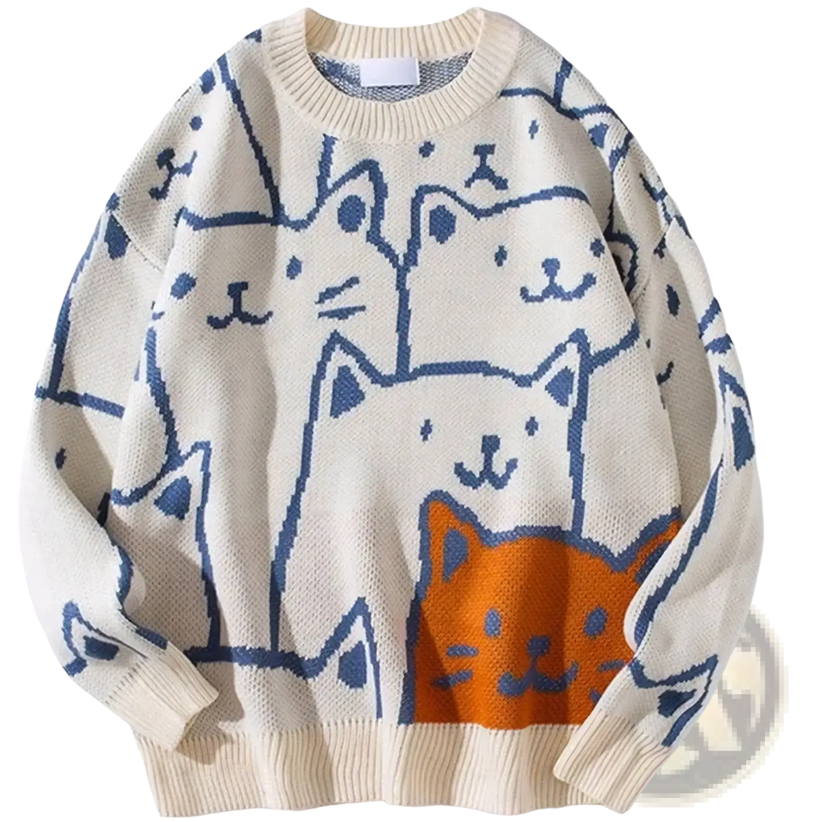 Cream-colored knit oversized sweater with playful blue and orange cartoon cat pattern for casual wear