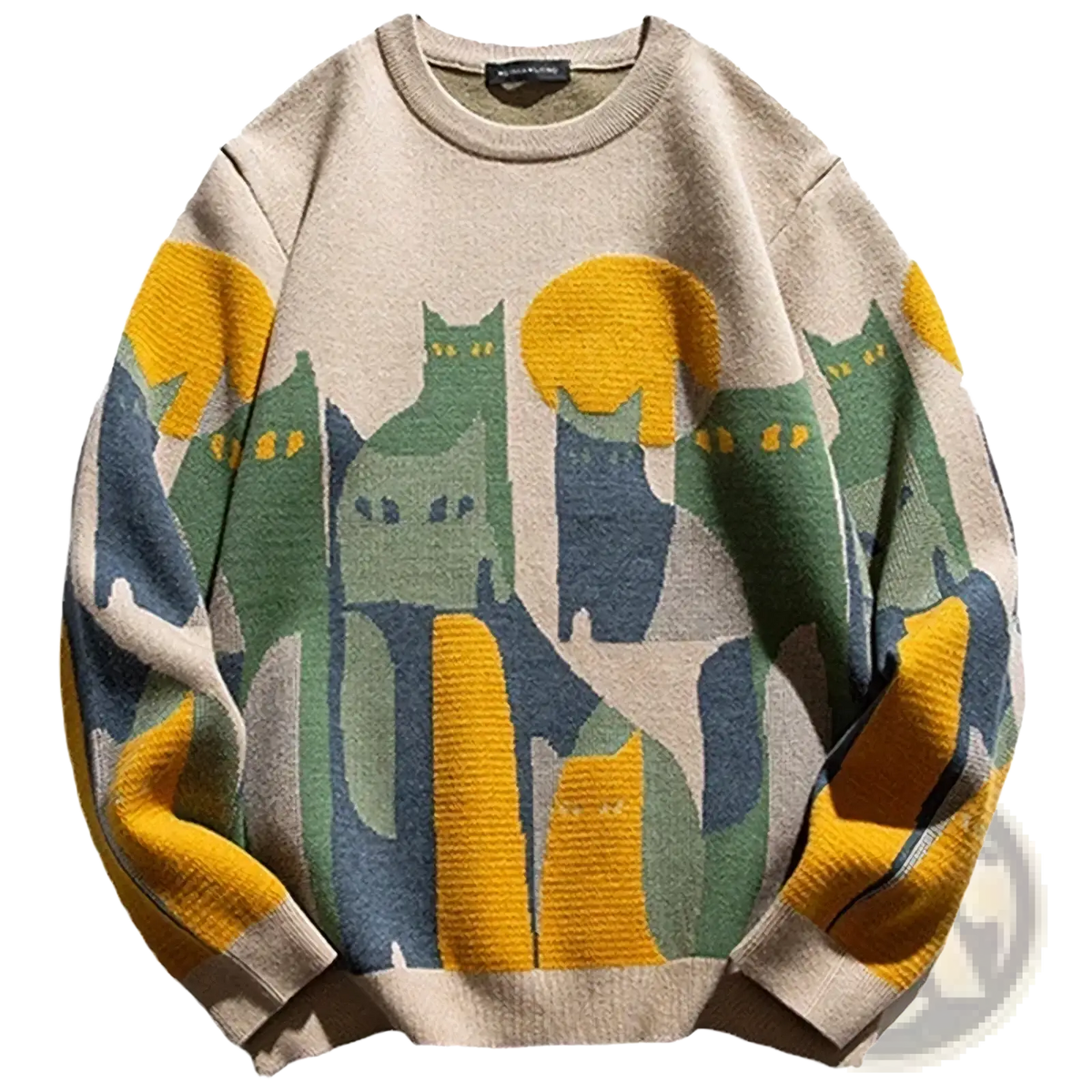 Beige oversized knit sweater featuring a bold abstract pattern of stylized green and blue cats with yellow suns