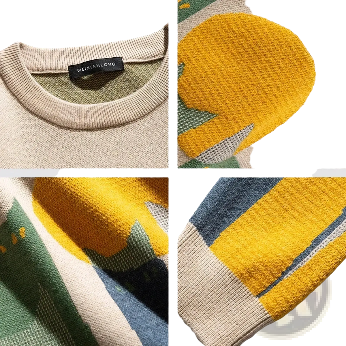 Beige oversized knit sweater with cartoon cat print and bold yellow green blue abstract pattern, ribbed cuffs and textured fabric