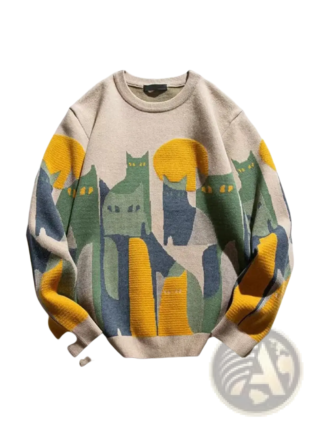 Beige oversized knit sweater featuring a colorful abstract green blue and yellow cartoon cat pattern