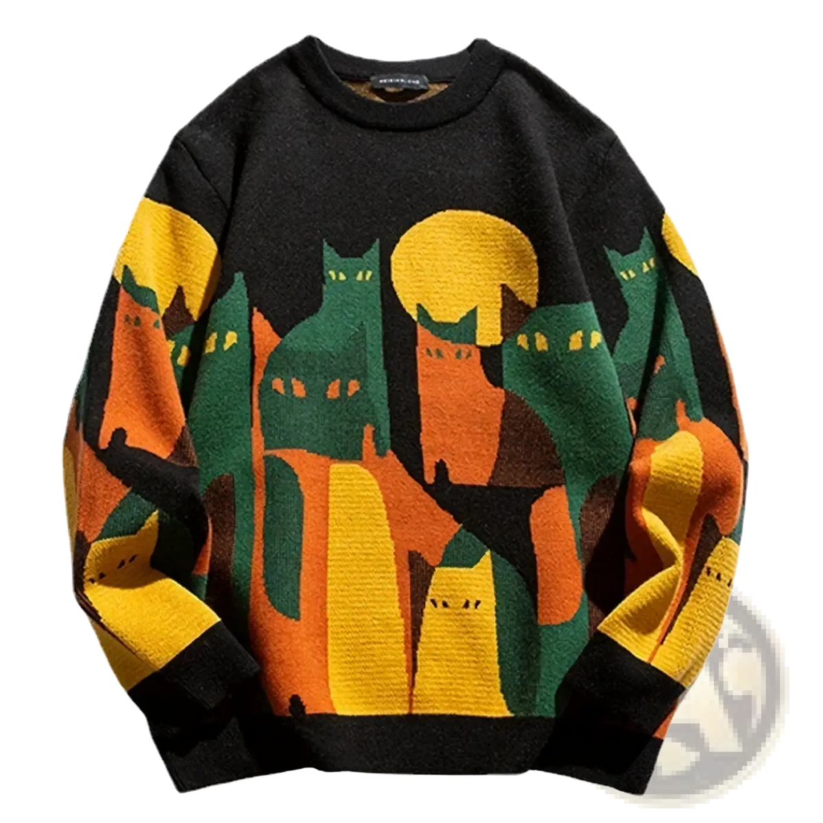 Black knit oversized sweater featuring a vibrant cartoon cat print in orange and green against a yellow sun