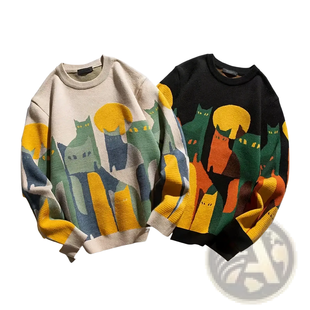 Two oversized knit sweaters with bold colorful cartoon cat prints in a stylized design