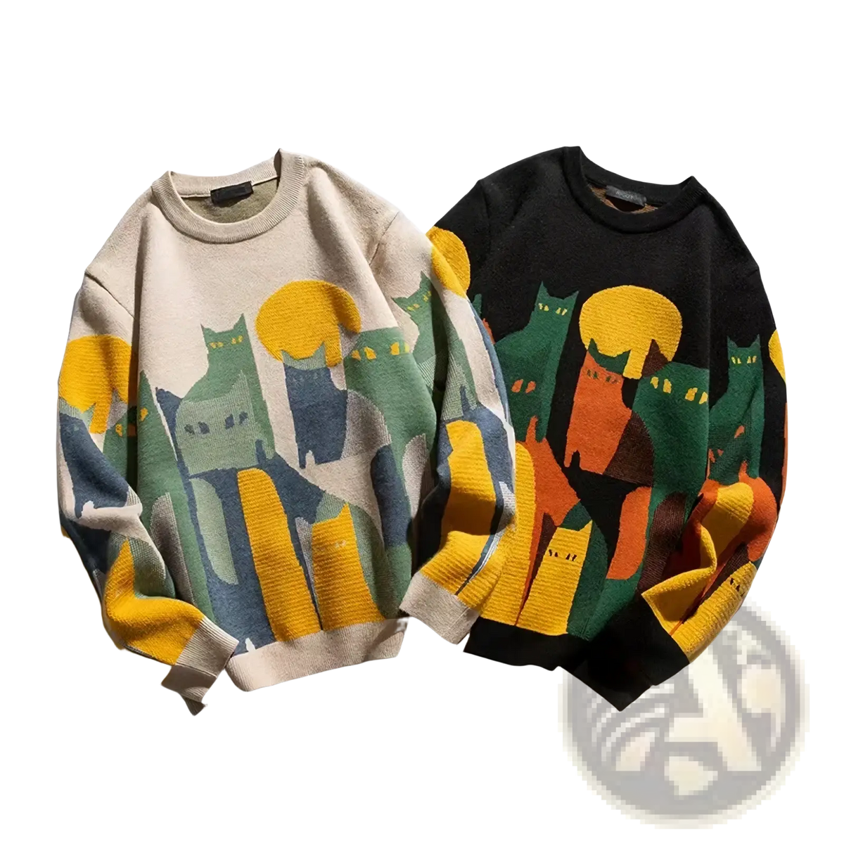 Two oversized knit sweaters with bold colorful cartoon cat prints in a stylized design