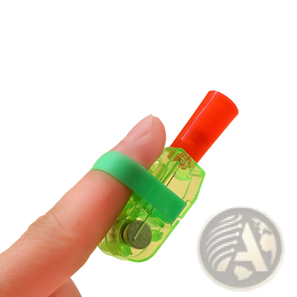 Green plastic pencil sharpener with red cap and finger loop included in cartoon finger projection lamp luminous toy 10 pack