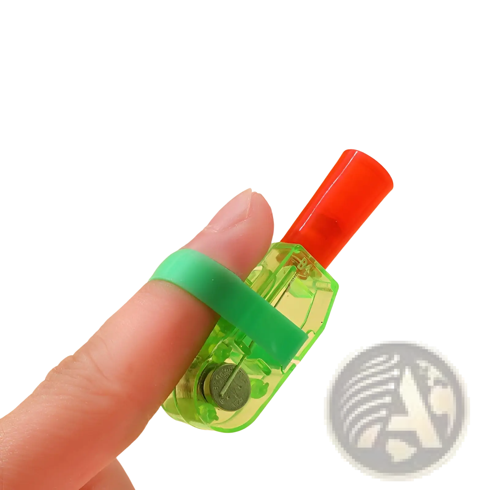 Green plastic pencil sharpener with red cap and finger loop included in cartoon finger projection lamp luminous toy 10 pack