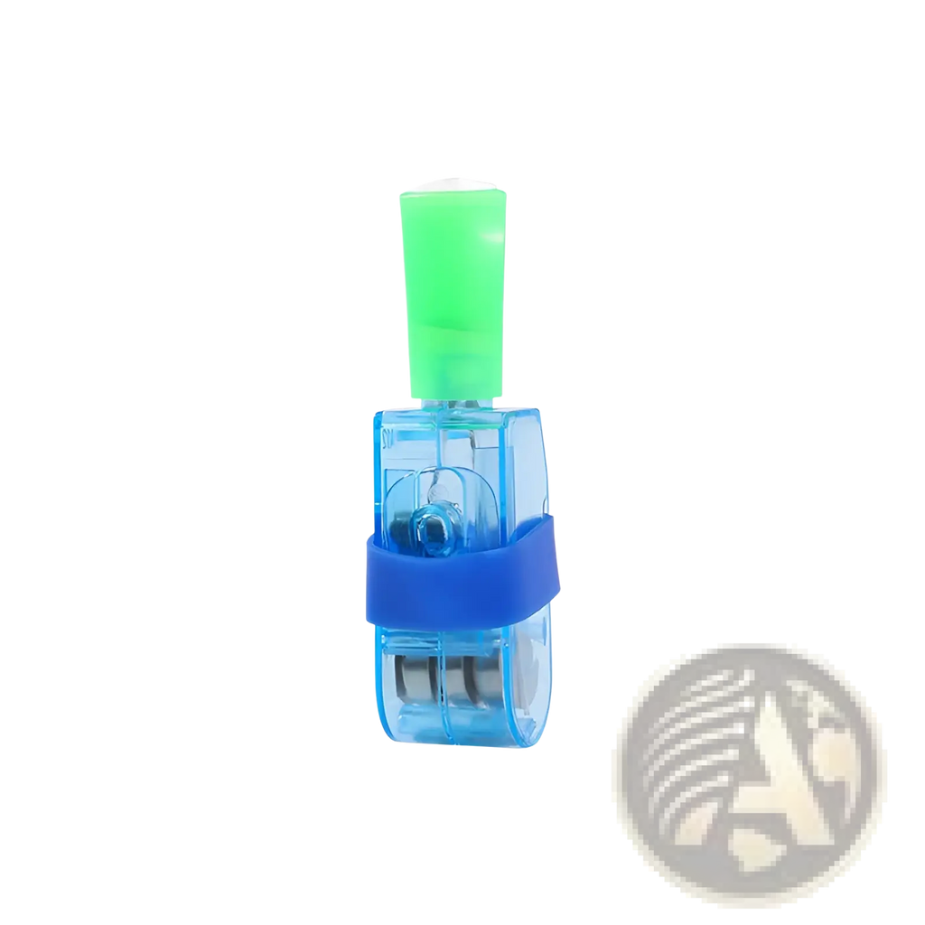 Blue plastic pencil sharpener with green top and blue rubber band in cartoon finger projection lamp luminous toy pack