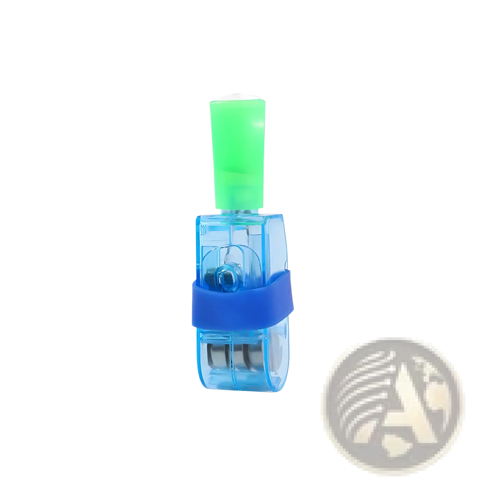 Blue plastic pencil sharpener with green top and blue rubber band in cartoon finger projection lamp luminous toy pack