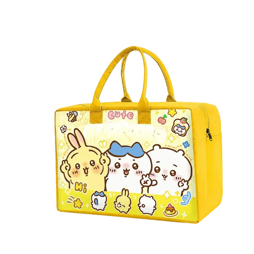 Yellow cartoon kids travel duffel bag with bunny and bear characters blue bow pastel accents and pink cute lettering
