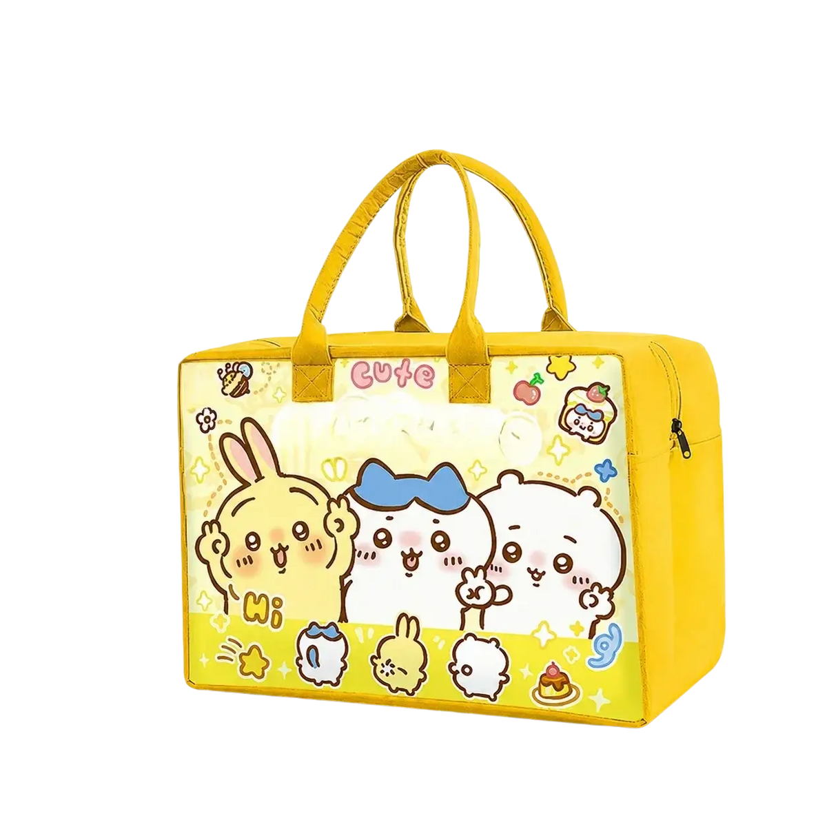 Yellow cartoon kids travel duffel bag with bunny and bear characters blue bow pastel accents and pink cute lettering