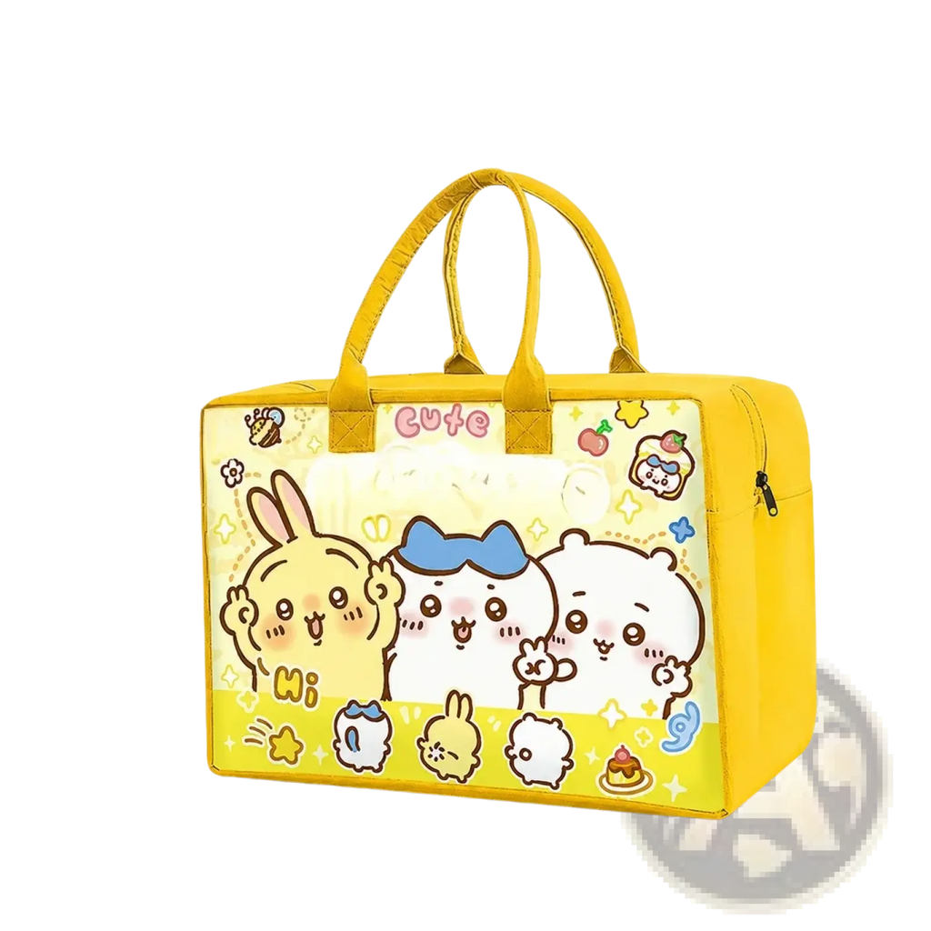 Yellow cartoon kids travel duffel bag with bunny and bear characters blue bow pastel accents and pink cute lettering