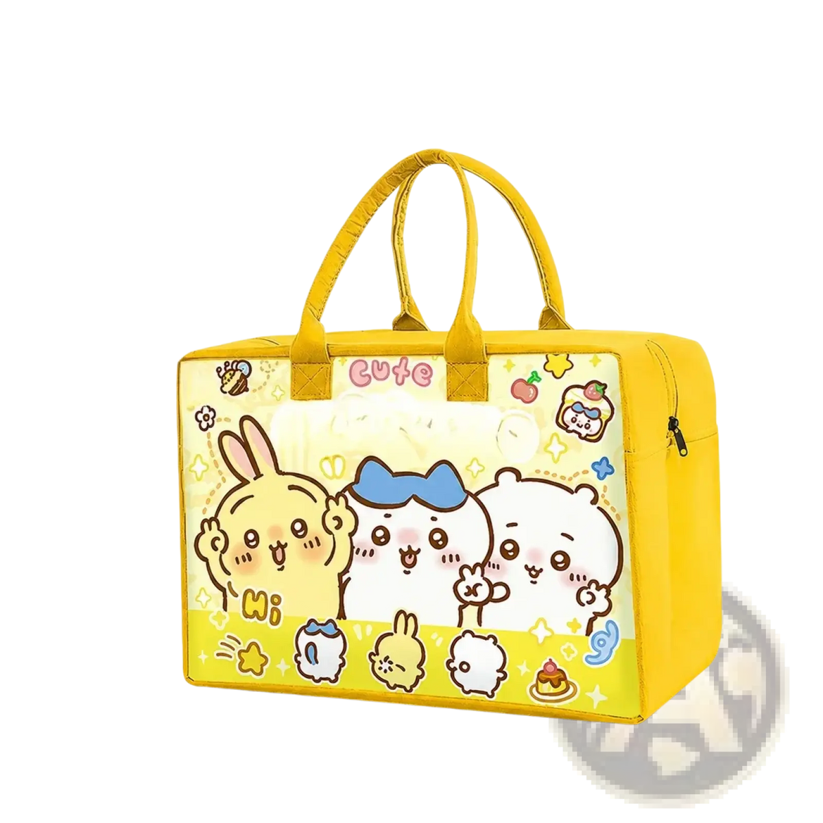 Yellow cartoon kids travel duffel bag with bunny and bear characters blue bow pastel accents and pink cute lettering