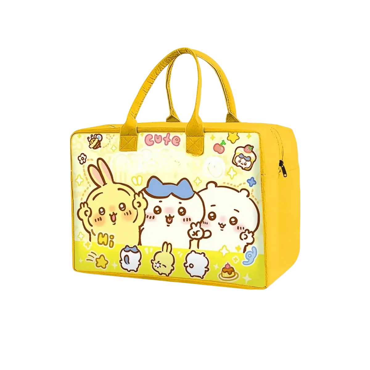 Yellow insulated cartoon kids travel duffel bag with character prints and matching handles for easy carry