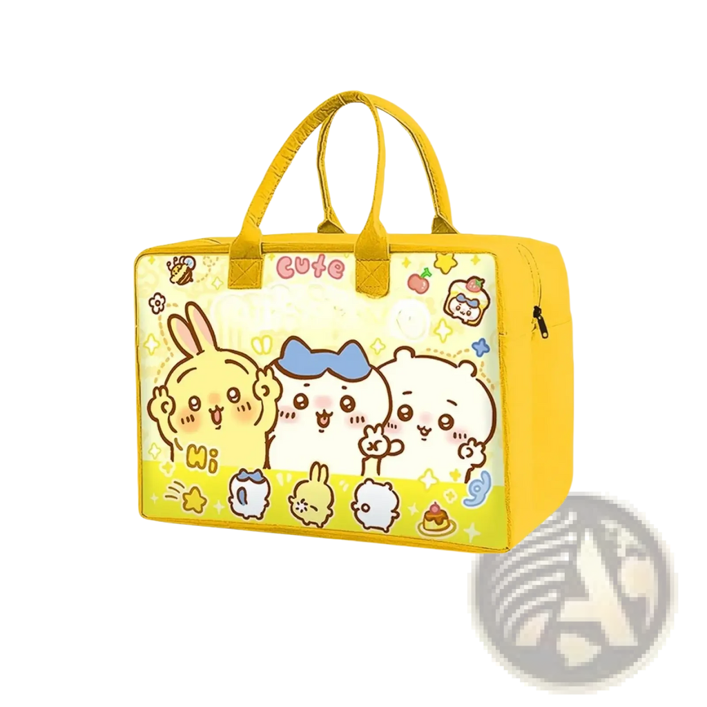 Yellow insulated cartoon kids travel duffel bag with character prints and matching handles for easy carry