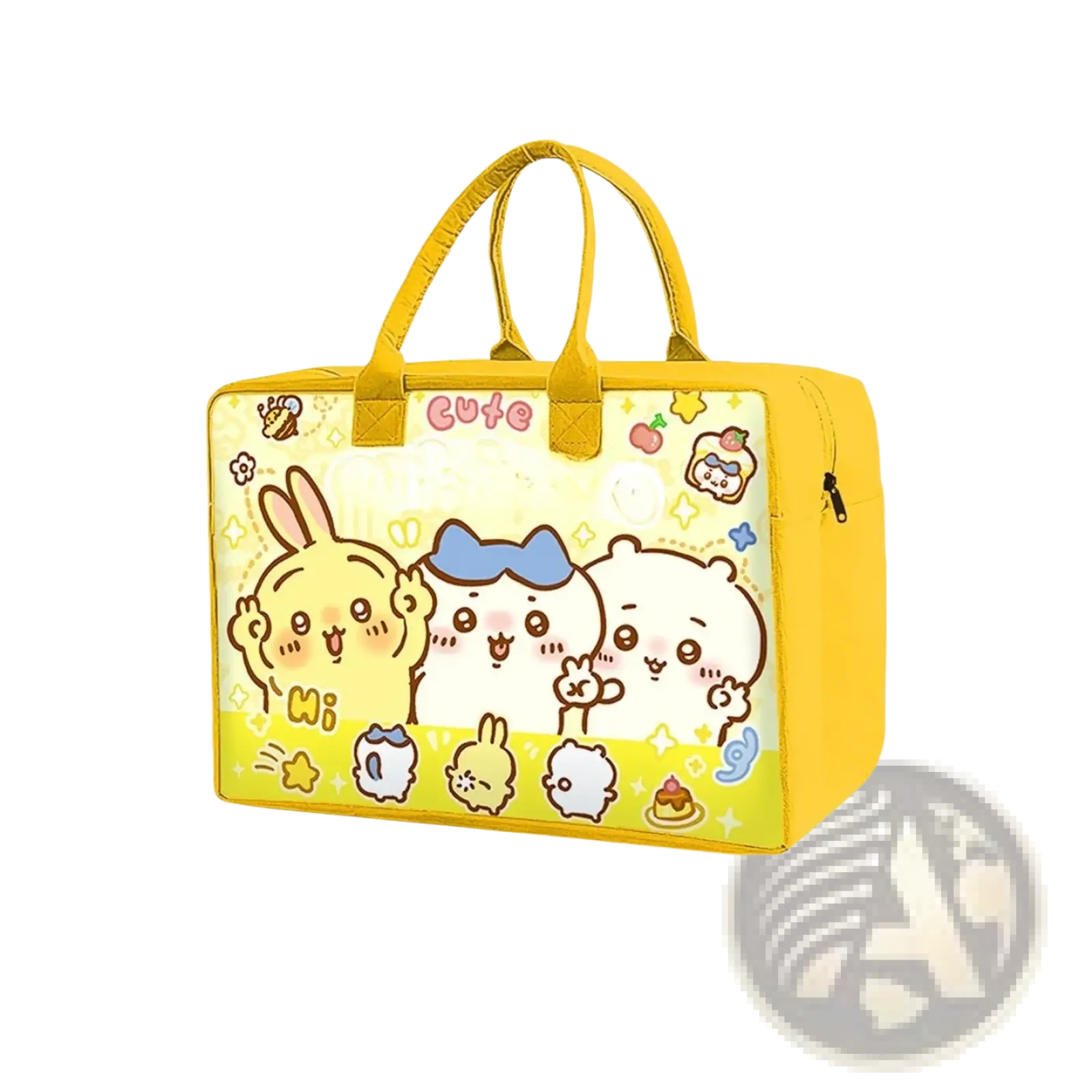 Yellow insulated cartoon kids travel duffel bag with character prints and matching handles for easy carry