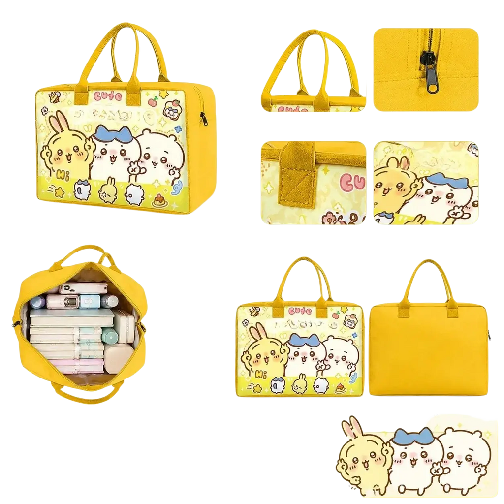 Yellow cartoon kids travel duffel bag with cute bunny and bear designs, sturdy handles, and smooth zipper closure