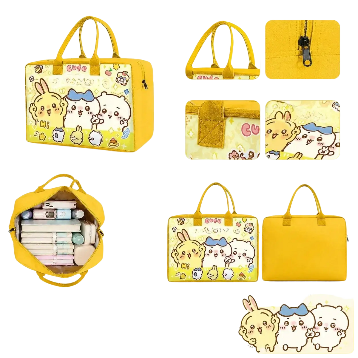 Yellow cartoon kids travel duffel bag with cute bunny and bear designs, sturdy handles, and smooth zipper closure