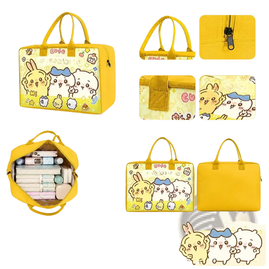Yellow cartoon kids travel duffel bag with cute bunny and bear designs, sturdy handles, and smooth zipper closure