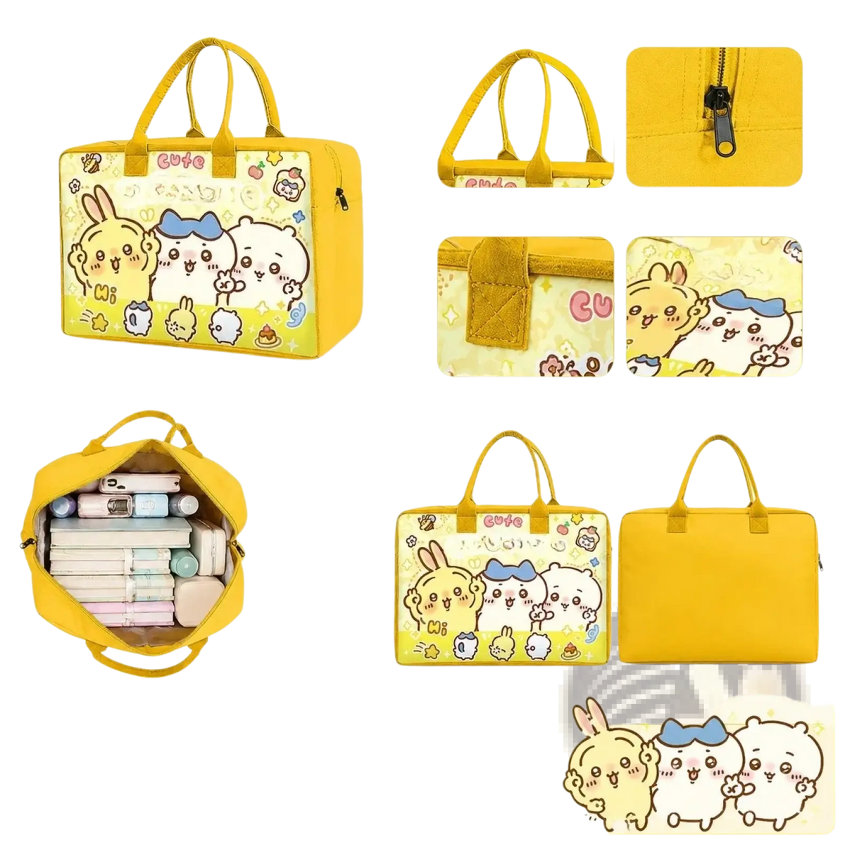 Yellow cartoon kids travel duffel bag with cute bunny and bear designs, sturdy handles, and smooth zipper closure