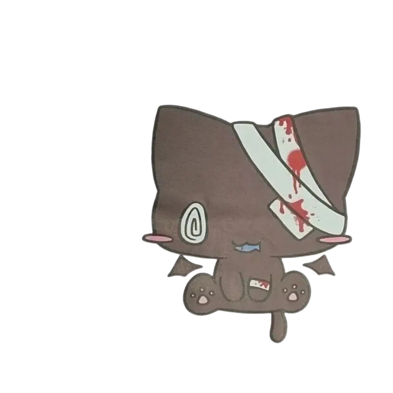 Black cotton t shirt with a cartoon nurse print featuring a brown cat with bandages and blood splatters on the front