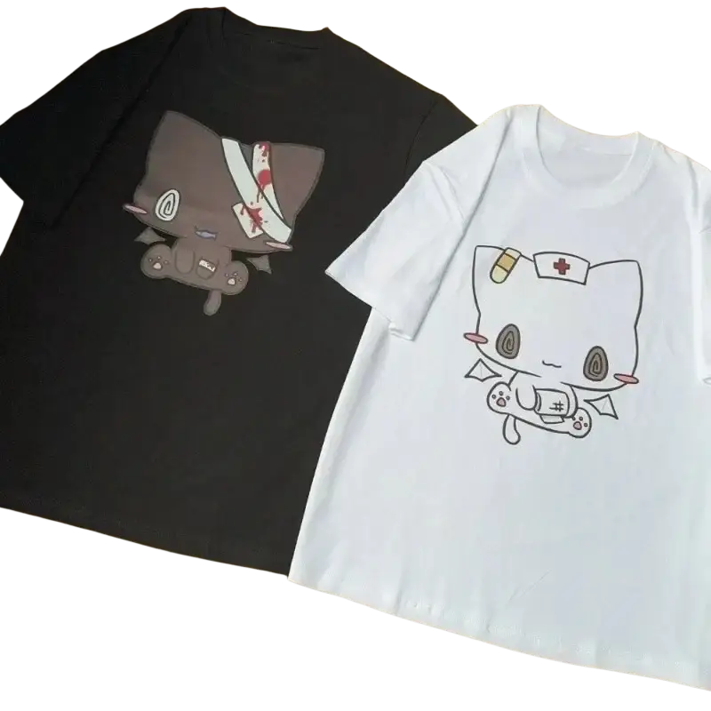 Black and white short-sleeved cotton t-shirts with cartoon cat nurse print y2k harajuku style designs