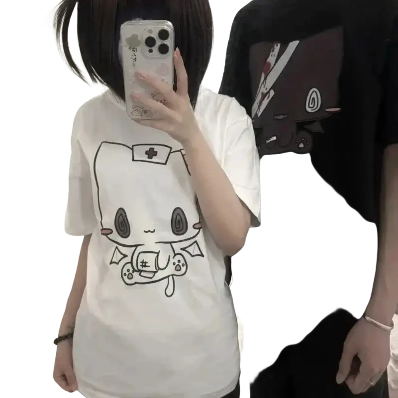 White cotton t-shirt featuring a black line-art cartoon nurse with hat and medical kit in Y2k Harajuku style